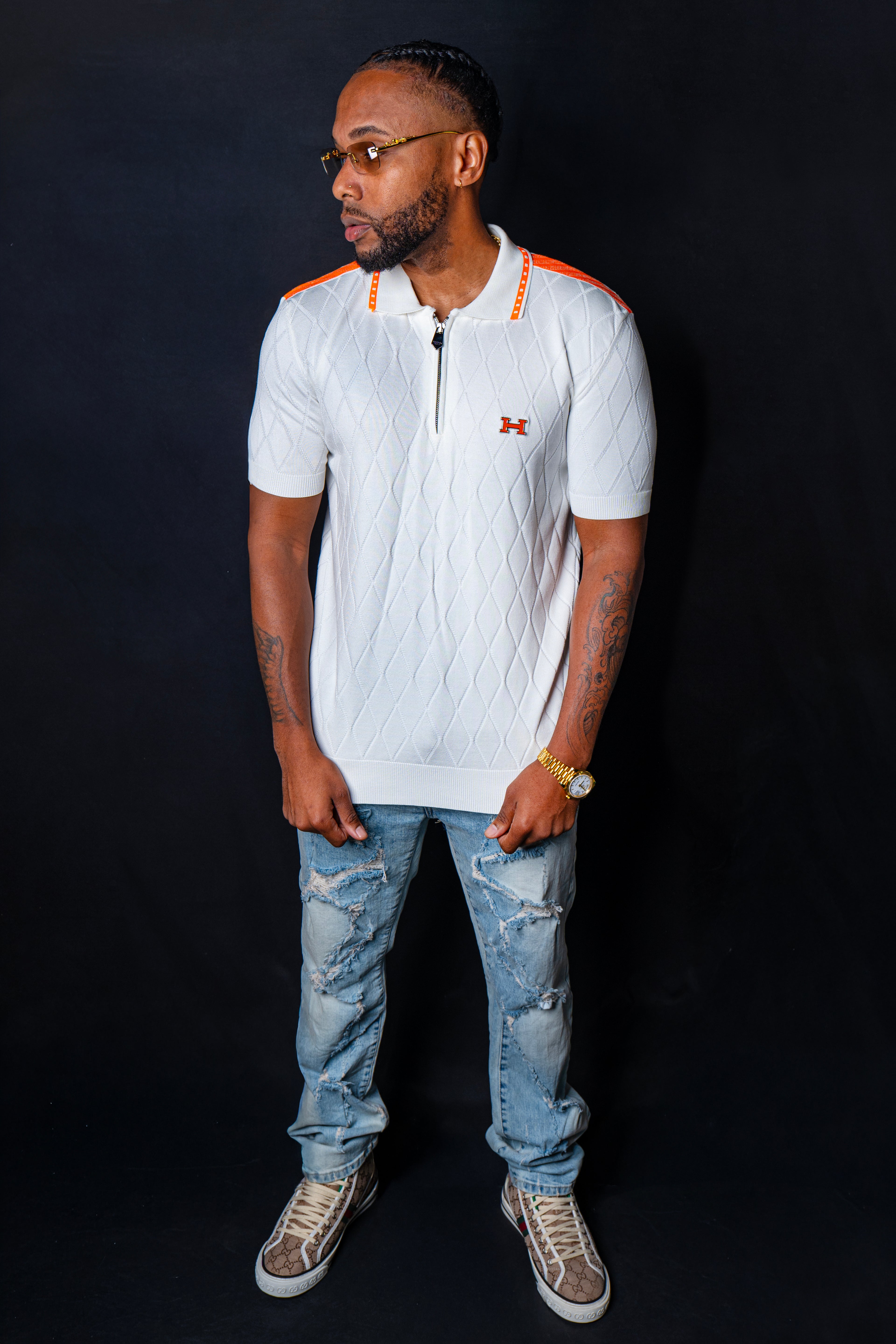 Hermes Neon Orange & White Knitted Polo