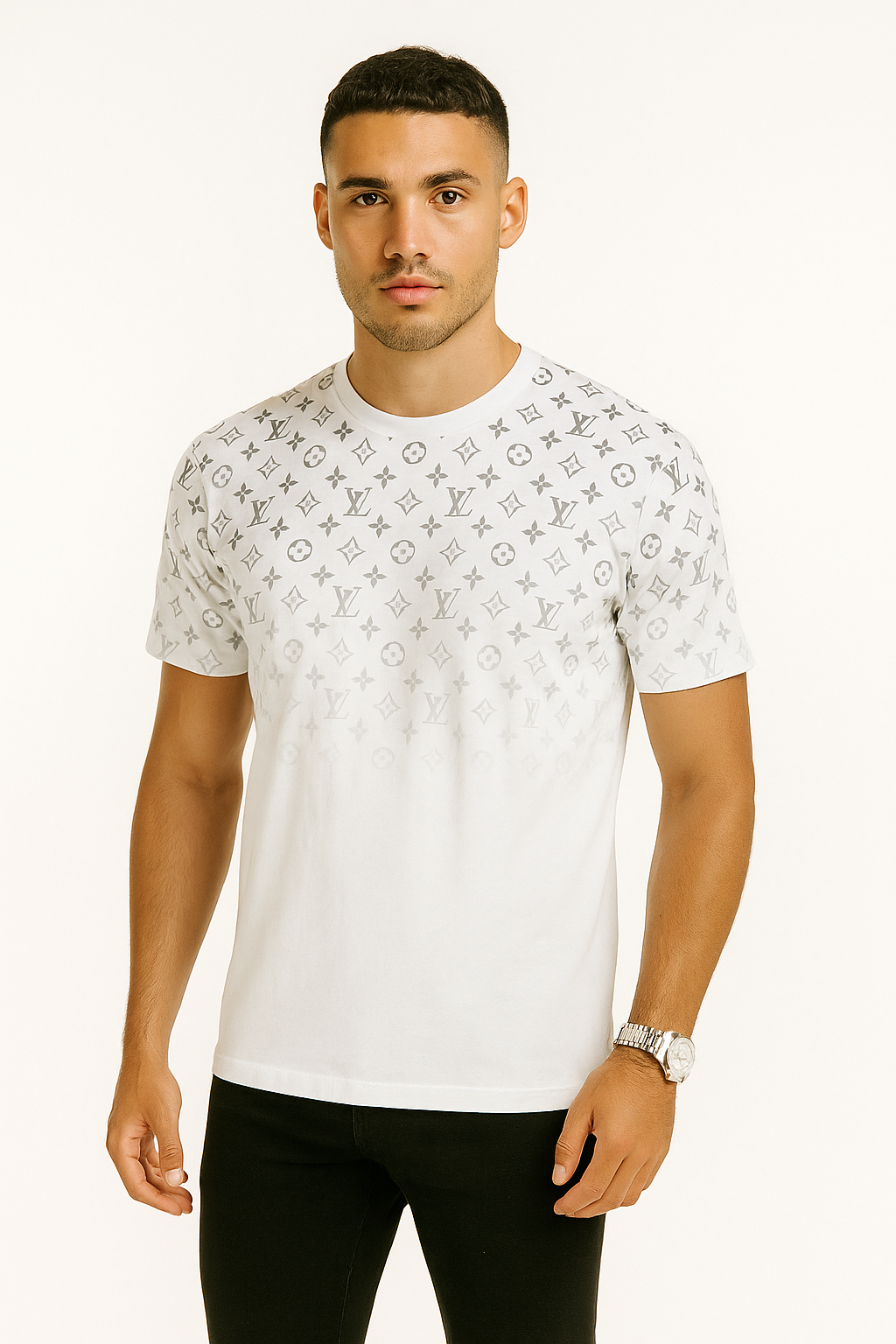 L v white with black monogram shirt