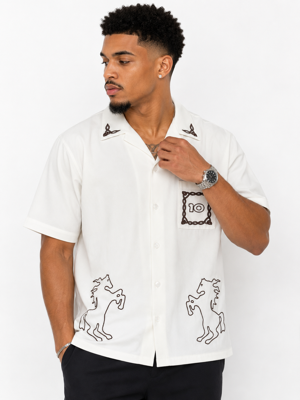 MGM Embroided Pocket 10 Top (embroidered collar design dark olive, white )
