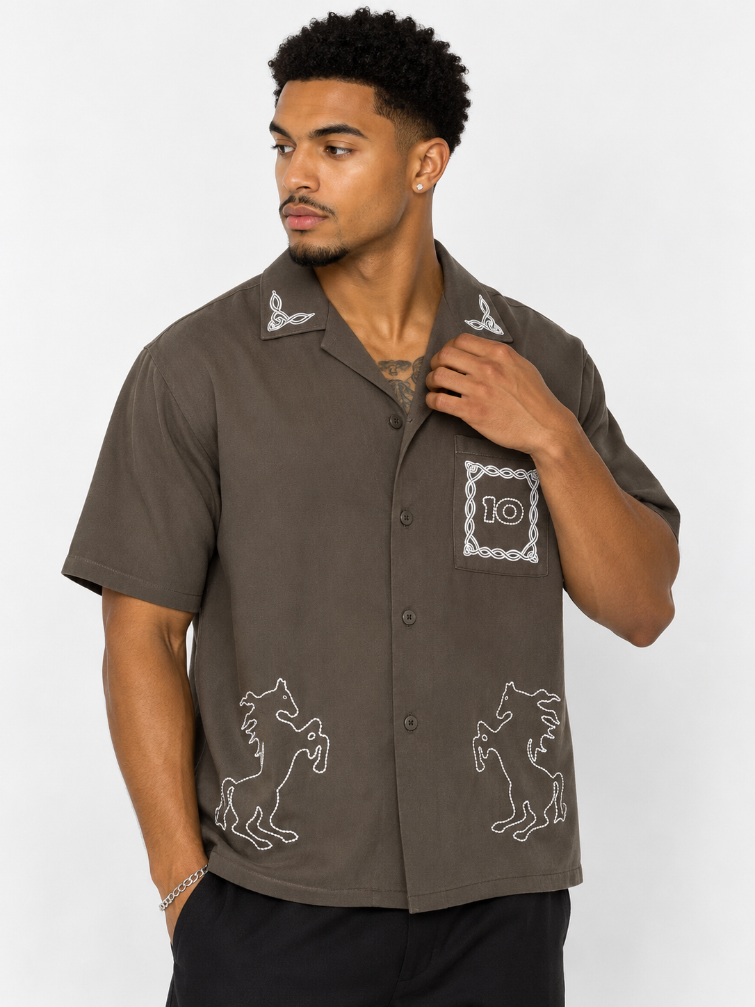 MGM Embroided Pocket 10 Top (embroidered collar design dark olive, white )